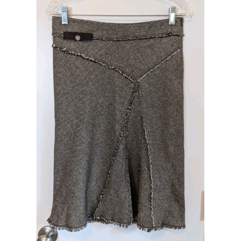 Bebe Y2K Wool Silk Herringbone Fringe Skirt Sm Brown Academia France Knee Length